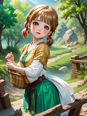 (best quality),(masterpiece:1.1),(extremely detailed CG unity wallpaper:1.1), (colorful cloth :1.3),(panorama shot:1.4),looking at viewer, dynamic angle, high res, detailed face, detailed eyes, 1 girl, solo, short-bob roughtly cut and two braided hair-bangs tied behind her head, cute hairstyle, full body, mountain forest , outdoors, (perfect fingers :1.4), perfect face, five fingers for each hand, fantasy, hugging basket , Exquisite face