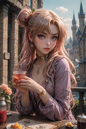 high resolution, (1 girl 15 years old), solo, ((extra wide shot)), cowboy shot, Waist up portrait, (long hair:1.6), (hair bun), garnet hair color, purple eyes, (ultra detailed), High quality shadow, 4K, ((beautiful face)), beautiful body, (beauty skin), best quality, ((masterpiece)), vintage end table, (Full fry breakfast on sunny morning food), (vintage tea cup with hot tea with steamed), extremely detailed cg, suggestive, (intricate details: 1.3), slim waist, (high quality wear and cloth), Ruffle Pleated Chiffon taffy dress, realistic, illustration, (outdoor), peacock, look at viewer, best ratio four finger and one thumb, ((behind view:1.6)), (sunrise in the field),  ((arctic cloth color)), quality hand, High quality texture, a realistic representation of the face, (lie face down: 1.4), clear light, Red and peach roses in gold flower, ((an ancient fantasy city and castle background)), (Beautiful and clean nails), pearls, ornament, 
(score_9, score_8_up), score_7_up, score_6_up