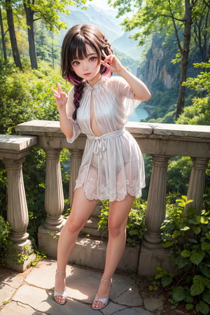 (best quality),(masterpiece:1.1),(extremely detailed CG unity wallpaper:1.1), (colorful cloth :1.3),(panorama shot:1.4),looking at viewer, from above, high res, detailed face, detailed eyes, 1 girl, solo, short-bob roughtly cut and two braided hair-bangs tied behind her head, cute hairstyle, full body, mountain forest , outdoors, (perfect fingers :1.4), perfect face, five fingers for each hand, (photo shoot pose :1.4), fantasy,Exquisite face