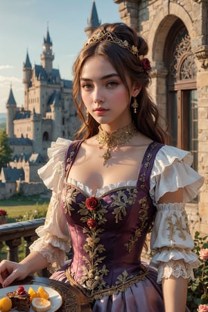 high resolution, (1 girl 15 years old), solo, ((extra wide shot)), cowboy shot, Waist up portrait, (long hair:1.6), (hair bun), garnet hair color, purple eyes, (ultra detailed), High quality shadow, 4K, ((beautiful face)), beautiful body, (beauty skin), best quality, ((masterpiece)), vintage end table, (Full fry breakfast on sunny morning food), (vintage tea cup with hot tea with steamed), extremely detailed cg, suggestive, (intricate details: 1.3), slim waist, (high quality wear and cloth), Ruffle Pleated Chiffon taffy dress, realistic, illustration, (outdoor), peacock, look at viewer, best ratio four finger and one thumb, ((behind view:1.6)), (sunrise in the field),  ((arctic cloth color)), quality hand, High quality texture, a realistic representation of the face, (lie face down: 1.4), clear light, Red and peach roses in gold flower, ((an ancient fantasy city and castle background)), (Beautiful and clean nails), pearls, ornament, 
(score_9, score_8_up), score_7_up, score_6_up