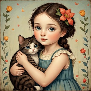 Whimsical folk art picture of a (little girl) and (cat) hugging each other.
,Perfect skin