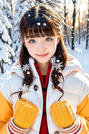 (best quality:1.05), 1girl, winter clothes, detailed clothes, high quality winter clothes, intricate detail, mittens, smiling, cold, forest village, snow, snowing, sun rays, shining, dawn, setting sun, cat ears, orange eyes, white winter jacket, dynamic lighting, intricate detail,