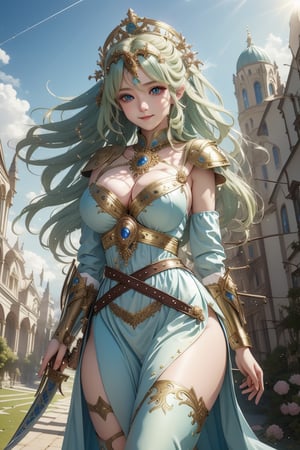 (masterpiece), (absurdres:1.3), (ultra detailed), HDR, UHD, 16K, ray tracing, vibrant eyes, perfect face, award winning photo, 1 girl with long hair, blond-green hair with bangs, bronze eyes, detailed face, wearing a fancy ornate (((folk dress))), shoulder armor, armor, glove, hairband, hair accessories, striped, (holding the great weapon:1.7), jewelery, thighhighs, pauldrons, side slit, capelet, vertical stripes, looking at viewer, fantastical and ethereal scenery, daytime, church, grass, flowers. Intricate details, extremely detailed, incredible details, full colored, complex details, hyper maximalist, detailed decoration, detailed lines, best quality, dynamic lighting, perfect anatomy, realistic, more detail, ,Architect, shiny skin, (shy blush:1.1), (dynamic action pose:1.3) ,slightly smile, lens flare, photo quality, big dream eyes, ((perfect eyes, perfect fingers)) ,kawaii, (Sharp focus realistic illustration:1.2), 