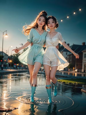 (Happily:1.4), (ultra detailed), official art Two girls playing in puddles wearing rain boots. In the center of the puddles,  there is a clear reflection of the transparent water surface with bright light reflecting upon it. The girls are dressed in yellow raincoats and wearing boots,  allowing them to play in the puddles without getting wet. One of them is an energetic girl with her hair tied up in pigtails,  while the other has cute short twin tails. Holding hands,  they jump and frolic,  creating splashes of water. The weather is fine after the rain,  and a vibrant rainbow stretches across the background. The colors of the rainbow harmonize with the girls' smiles,  creating a joyful atmosphere,  colorful wear,  (adorable difference face:1.4), (perfect body:1.4), (photo-realisitc),  night background,  exposure blend,  medium shot,  bokeh,  high contrast,  (cinematic,  teal and green:0.85), (muted colors, dim colors, soothing tones:1.3),  low saturation,  the atmosphere is fun and full of happiness. The sky was filled with colorful fireworks. on a city light embers of memories,  colorful,  night background,  exposure blend,  medium shot,  bokeh,  high contrast,  Adorable cloth,  bioluminescent dress,  shiny,  (high quality:1.3), (masterpiece, best quality:1.4),  (ultra detailed, 8K, 16K, ultra highres), sharp focus,  professional dslr photo,  (Photorealistic:1.4), (UHD:1.4), HDR, volumetric fx,  ray tracing, (((intricate details))), extremely detailed CG,  perfect anatomy,  perfect face,  beautiful girl, cinematic photo,  perfect photography,  professional,  perfect sky,  ((copper style)),  glitter,  gradient color all fluentcolor transparent cloth, Ghibli, (professional photograpy:1.1), real hands, little_cute_girl, 1 line drawing,
