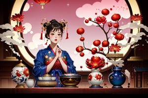 (Best quality, masterpiece, detailed details), Chinese illustration, Chinese traditional festivals, Mid-Autumn Festival, full moon background, many people, detailed details, emotional expressions, a family dinner, the moon, Chinese lanterns, a table of delicious food, Mid-Autumn Festival Festival, traditional culture, there are many people of different styles in the scene, some closer to the front, some closer to the back, full of hidden details, epic scenes, crazy photography 16K resolution,Meimei,1girl,isaku