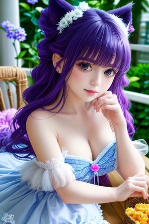 Masterpiece, beautiful details, perfect focus, 8K, high resolution, exquisite texture in every detail, 1girl, solo, looking at viewer, blush, smile, bangs, blue eyes, hair ornament, purple hair, hair rings, twin braids, hair flower, hair ribbon, hair between eyes, (best quality,ultra-detailed,cute animals,vivid colors,soft lighting,digital illustration,fluffy fur,playful expressions,adorable poses,dreamy atmosphere, colorful surroundings), (art by Makoto :1.5), digital art, child, cute cat, 16K, cool wallpaper, things, jasmine, pillows, clutter, toy, basket, wood, pot, can, copper, garden yard, smile, sharp focus, HDR,Add more details,