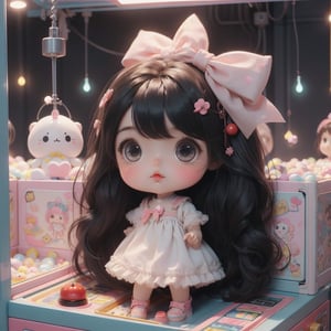 1girl, best quality, ultra-detailed, (((masterpiece))), (((best quality))), extremely detailed, ((claw machine)), ((claw is clamping a doll box up)), hand on bottom panel, control joystick and press button with hand, cleavage, big tits, ribbon, beige lace overalls, black updo longhair, shy, blush, petite figure proportion, claw machine, Glittering, cute and adorable, (perfect lighting, perfect shadow), dreamlike scenery,Realism, blending colors,vibrant hues, amazing photo, wearing dress pretty ruffle, cute shoe, Chibi, ,chibi
