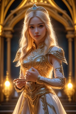 (masterpiece), (absurdres:1.3), (ultra detailed), HDR, UHD, 16K, ray tracing, vibrant eyes, perfect face, award winning photo, 1 girl with long hair, blond-green hair with bangs, bronze eyes, detailed face, wearing a fancy ornate (((folk dress))), shoulder armor, armor, glove, hairband, hair accessories, striped, (holding the great weapon:1.7), jewelery, thighhighs, pauldrons, side slit, capelet, vertical stripes, looking at viewer, fantastical and ethereal scenery, daytime, church, grass, flowers. Intricate details, extremely detailed, incredible details, full colored, complex details, hyper maximalist, detailed decoration, detailed lines, best quality, dynamic lighting, perfect anatomy, realistic, more detail, ,Architect, shiny skin, (shy blush:1.1), (dynamic action pose:1.3) ,slightly smile, lens flare, photo quality, big dream eyes, ((perfect eyes, perfect fingers)) ,kawaii, (Sharp focus realistic illustration:1.2), holding stuff, 