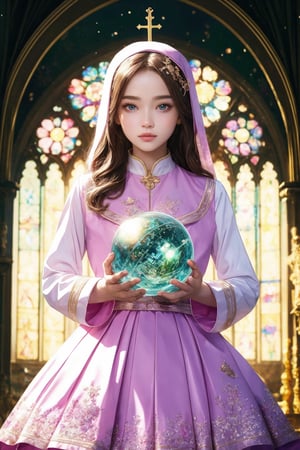 1girl, solo, (masterpiece), (absurdres:1.3), (ultra detailed), HDR, UHD, 16K, ray tracing, vibrant eyes, perfect face, award winning photo, beautiful, shiny skin, (highly detailed), clear face, teenage cute delicate girl, (shy blush:1.1), (high quality, high res, aesthetic:1.1), (dynamic action pose:1.3) ,slightly smile, lens flare, photo quality, big dream eyes, ((perfect eyes, perfect fingers)), iridescent brown hair, vivid color, perfect lighting, perfect shadow, realistic, stunning light, (atmosphere :1.6), nice hands, insane details ,high details ,kawaii, (extra wide shot: 1.8)

(Sharp focus realistic illustration:1.2), a giant glass sphere containing a small ecosystem, surrounded by measurement devices is installed in large-scale factory, a girl Priest stands next to the sphere, divine magic, sacred texts, ceremonial robes, incense, healing spells, blessing rituals, BREAK intricate illustrations, delicate linework, fine details, whimsical patterns, enchanting scenes, dreamy visuals, captivating storytelling, church and stain glass background, messy interior, book, elemental, feature,Alouette_La_Pucelle,emilia (re:zero),flower, ((pink gold style)),Add more details