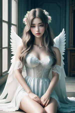 (perfect face), top quality, (official art :1.2), UHD, 16K, 8K, warm glow, (high quality:1.3), (masterpiece, best quality:1.4), ultra-detailed, illustration, (beautiful detailed eyes), beautiful, amazing, (detailed skin), (shiny skin), 1girl,solo,angel girl, tattered church, rubble, scattered glass,white hair, long hair, fluttering hair, halo, ahoge, splendid priestly clothes, big wings, white wings, sit, waliza, hands between legs,looking up , particle , whole body, cowboy shot,moonlight, natural light,{{{{masterpiece}}}}, {{{hyper detailed}}}, {{{highres}}}, {{{8k}}}, {{perfect body}}, {{beautiful detailed eyes}}, {{colorful}}, {{vivid color}},