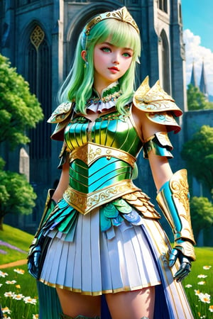 score_9, score_8_up, score_8, masterpiece, official art, ((ultra detailed)), (ultra quality), high quality, perfect face, 1 girl with long hair, blond-green hair with bangs, bronze eyes, detailed face, wearing a fancy ornate (((folk dress))), shoulder armor, armor, glove, hairband, hair accessories, striped, (holding the great weapon :1.4), jewelery, thighhighs, pauldrons, side slit, capelet, vertical stripes, looking at viewer, fantastical and ethereal scenery, daytime, church, grass, flowers. Intricate details, extremely detailed, incredible details, full colored, complex details, hyper maximalist, detailed decoration, detailed lines, best quality, HDR, dynamic lighting, perfect anatomy, realistic, more detail, Architecture, full juicy lips, perfect green eyes, (soft cute face)