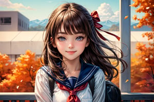 (perfect face), top quality, (official art :1.2), UHD, HDR, 16K, 8K, vivid color, (high quality:1.3), (masterpiece, best quality:1.4), (ultra detailed, ultra highres), sharp focus, extremely detailed CG, cute hair style (illustration:1.2), (photorealisitc :1.37), high contrast, colorful, (school uniform, serafuku) ,canteen, brown hair, outdoors, skirt, socks, bag, long hair, shoes, brown eyes, pleated skirt, black socks, cloud, school bag, loafers, looking at viewer, wind, neckerchief, long sleeves, kneehighs, sailor collar, sky, bangs, white shirt, shirt, hair ribbon, black skirt, railing, brown footwear, hair tucking, petals, leaf, ribbon ,slender hands, (extremely beautiful, super cute:1.3), (detailed face, rosy skin, perfect eyes, detailed pupil), (cute pet:1.4), mandarin orange, dusk, duck toy, adorable, 1girl, solo, (smile), (have lunchtime:1.2), (looking at camera:1.3), intricate details, (high school background :1.6) ,Charm of beauty,