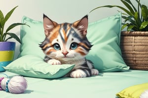 (best quality,ultra-detailed,cute animals,vivid colors,soft lighting,digital illustration,fluffy fur,playful expressions,adorable poses,dreamy atmosphere,colorful surroundings), (art by Makoto :1.5), digital art, child, cute cat, 16K, cool wallpaper, things, jasmine, pillows, clutter, toy, basket, wood, pot, can copper, garden yard, circle face, smile, sharp focus, HDR, cute hair,onitsukaAdd more details