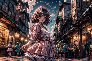 a noble little girl wearing a pink dress and a daisy tiptoes towards a boy with curly hair, reaching out a delicate rose in a thornless stem, standing on cobblestone pavement, under a cloudless sky, with a row of blooming cherry blossom trees in the background, captured with a Canon EOS 5D Mark IV camera, 50mm lens, medium shot focusing on the girl’s tender gesture, in a style reminiscent of a romantic oil painting by Thomas Kinkade,1girl
