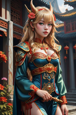 score_9, score_8_up, score_8, masterpiece, official art, ((ultra detailed)), (ultra quality), high quality, perfect face, 1 girl with long hair, blond-green hair with bangs, bronze eyes, detailed face, wearing a fancy ornate (((folk dress))), shoulder armor, armor, glove, hairband, hair accessories, striped, (holding the great weapon :1.4), jewelery, thighhighs, pauldrons, side slit, capelet, vertical stripes, looking at viewer, fantastical and ethereal scenery, daytime, church, grass, flowers. Intricate details, extremely detailed, incredible details, full colored, complex details, hyper maximalist, detailed decoration, detailed lines, best quality, HDR, dynamic lighting, perfect anatomy, realistic, more detail, Architecture, full juicy lips, perfect green eyes, (soft cute face), breast,ddckimsungah,Long Legs and Hot Body,greg rutkowski,slacestyle,dragon chinese