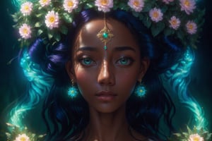 Dilireba, semi realistic , closeup face portrait of a black girl wearing crown of flowers, smooth soft skin, big dreamy eyes, beautiful intricate colored hair, symmetrical, soft lighting, detailed face, by makoto shinkai, stanley artgerm lau, wlop, rossdraws, concept art, digital painting, looking into camera, 8K, HDR, ray tracing, jewelry, pastel hair, mint Fishtail braid,fairy wings, hair flower, hairband, (((masterpiece))),best quality, illustration,beautiful detailed glow,(beautiful detailed eyes),  Beautiful and detailed explosion, expressionless,beautiful detailed white gloves, Dove of peace,long bangs, dragons,Indian girl 