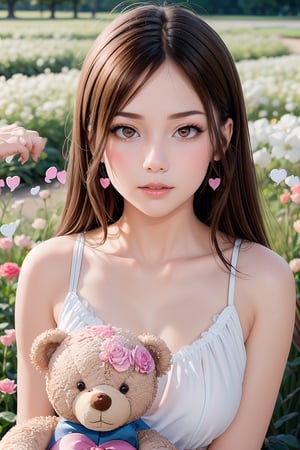 16K, ultra detailed, (masterpiece, top quality,  best quality, official art, perfect face:1.2), HDR, UHD, (cinematic, azure and light pink:0.85), (muted colors, dim colors), falling petals, red roses , happiness, (action hearts:1.4), chiffon dress vanilla, (full field roses :1.4), (((kissing with a teddy bear))), nice hands, perfect fingers, dynamic posing, cute girl,flowers,rose,Line art,1girl