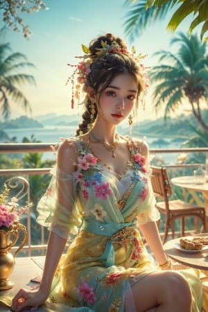 ultra detailed, (masterpiece, top quality, best quality, official art, perfect face:1.2), UHD, cinematic, (muted colors, dim colors), perfect face, perfect eyes, long-lenses photograph, realistic, 8K, 16K, with mountains and valleys, dynamic lighting, (1girl), in an outdoor restaurant overlooking the ocean, table has food and drinks, candles, vibrant colors, she is styling with a Hawaiian dress, detailed expressive eyes, bright mood lighting coconut tree, foliage, potted plants, treehouse, balcony, photorealistic, masterpiece, romance, Line art,Ancient Chinese style