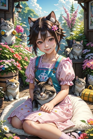 (best quality,ultra-detailed,cute animals,vivid colors,soft lighting,digital illustration,fluffy fur,playful expressions,adorable poses,dreamy atmosphere,colorful surroundings), (art by Makoto :1.5), digital art, child, cute cat, 16K, cool wallpaper, things, jasmine, pillows, clutter, toy, basket, wood, pot, can copper, garden yard, circle face, smile, sharp focus, HDR,Cosplay,onitsuka_natsumi_lovelivesuperstar,Add more details