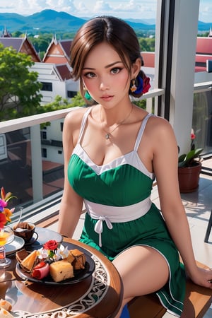 ultra detailed, (masterpiece, top quality, best quality, official art, perfect face:1.2), UHD, cinematic, (muted colors, dim colors), perfect face, perfect eyes, long-lenses photograph, realistic, 8K, 16K, Thai house style, (Sitting on the balcony outside the room, table with hot tea, Thai food style, sweet desserts :1.5), (See the evening view: 1.4), rose jewelry, volumetric fx, ray tracing, (((intricate detailed))), extremely detailed CG, (hyper realism, soft light, dramatic light, sharp, HDR), nice hands, perfect image, vivid color, (official art, extreme detailed, highest detailed), (dynamic action pose :1.4),more detailed, colorful sky, 1girl, cute hair bun style, (Thailand traditional costume:1.4), Sabai, Wonder of Art and Beauty, Thai Dress, (orchid, iris, multicolor rose, Canna lily, jasmine, flowers :1.3), stunning light, wind is blowing, photorealistic, masterpiece, romance, (detailed delicate intricate and ornated long emerald pink) ,Line art,