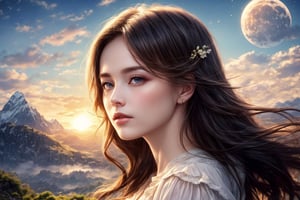 ultra detailed, (masterpiece, top quality, best quality, official art, perfect face:1.2), UHD, cinematic, (muted colors, dim colors), perfect face, perfect eyes, long-lenses photograph, realistic, 8K, 16K, with mountains and valleys, sun and the moon skimpy silhouettes romantically kissing in the sky that is both day wand night , heart, romance, Roses, stunning light, wind is blowing, (1girl shiny long hair:1.4), (1boy short hair style :1.4),photorealistic,masterpiece, (Victorian style)
