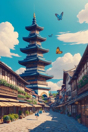 1girl, adorable, (ultra detailed, ultra highres), (masterpiece, top quality, best quality, official art :1.4), (high quality:1.3), cinematic, wide shot, (muted colors, dim colors), A whimsical cityscape under a bright blue sky with fluffy clouds and butterflies. The city features traditional wooden buildings and a fantastical structure that combines a castle, a pagoda, and a Ferris wheel. The colors are vibrant and detailed. 4k, Ghiblism2-Ghibli, GhiblismDetailed2, Ghiblismkw2 extremely detailed CG, photorealistic,