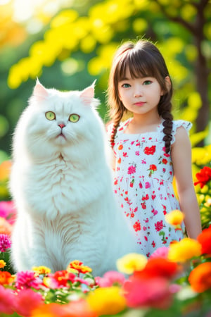 Masterpiece, beautiful details, perfect focus, 8K, high resolution, exquisite texture in every detail, 1girl, solo, looking at viewer, blush, smile, bangs, blue eyes, hair ornament, purple hair, hair rings, twin braids, hair flower, hair ribbon, hair between eyes, (best quality,ultra-detailed,cute animals,vivid colors,soft lighting,digital illustration,fluffy fur,playful expressions,adorable poses,dreamy atmosphere, colorful surroundings), (art by Makoto :1.5), digital art, child, cute cat, 16K, cool wallpaper, things, jasmine, pillows, clutter, toy, basket, wood, pot, can, copper, garden yard, smile, sharp focus, HDR,Add more details