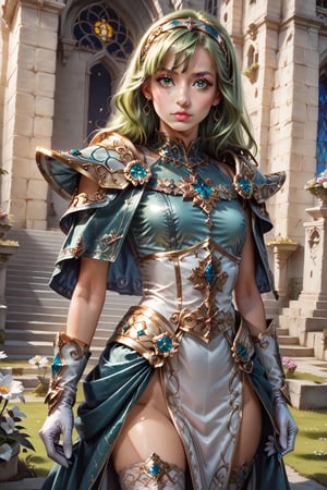 score_9, score_8_up, score_8, masterpiece, official art, ((ultra detailed)), (ultra quality), high quality, perfect face, 1 girl with long hair, blond-green hair with bangs, bronze eyes, detailed face, wearing a fancy ornate (((folk dress))), shoulder armor, armor, glove, hairband, hair accessories, striped, (holding the great weapon :1.4), jewelery, thighhighs, pauldrons, side slit, capelet, vertical stripes, looking at viewer, fantastical and ethereal scenery, daytime, church, grass, flowers. Intricate details, extremely detailed, incredible details, full colored, complex details, hyper maximalist, detailed decoration, detailed lines, best quality, HDR, dynamic lighting, perfect anatomy, realistic, more detail, Architecture, full juicy lips, perfect green eyes, (kawaii face)