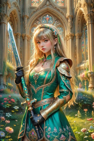 masterpiece, official art, ((ultra detailed)), (ultra quality), high quality, perfect face, 1 girl with long hair, blond-green hair with bangs, bronze eyes, detailed face, wearing a fancy ornate (((folk dress))), shoulder armor, armor, glove, hairband, hair accessories, striped, (holding the great weapon:1.37), jewelery, thighhighs, pauldrons, side slit, capelet, vertical stripes, looking at viewer, fantastical and ethereal scenery, daytime, church, grass, flowers. Intricate details, extremely detailed, incredible details, full colored, complex details, hyper maximalist, detailed decoration, detailed lines, best quality, HDR, dynamic lighting, perfect anatomy, realistic, more detail,
,Architectural100,style