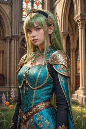 masterpiece, official art, ((ultra detailed)), (ultra quality), high quality, perfect face, 1 girl with long hair, blond-green hair with bangs, bronze eyes, detailed face, wearing a fancy ornate (((folk dress))), shoulder armor, armor, glove, hairband, hair accessories, striped, holding the great weapon, jewelery, thighhighs, pauldrons, side slit, capelet, vertical stripes, looking at viewer, fantastical and ethereal scenery, daytime, church, grass, flowers. Intricate details, extremely detailed, incredible details, full colored, complex details, hyper maximalist, detailed decoration, detailed lines, best quality, HDR, dynamic lighting, perfect anatomy, realistic, more detail,
,Architectural100