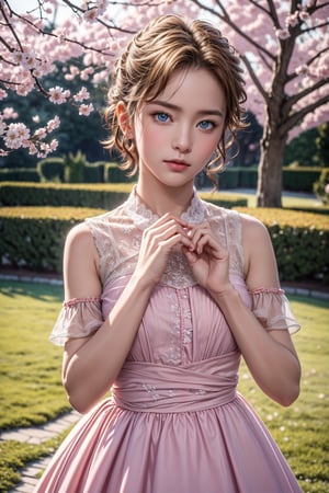 (ultra detailed, ultra highres), (masterpiece, top quality, best quality, official art :1.4), (high quality:1.3), (1 boy, 1 girl :1.6), cinematic, (muted colors, dim colors), (perfect eyes, perfect face:1.3), long-lenses photograph, realistic, UHD, 16K, 8K, warm glow, extremely detailed CG, (perfect hands, perfect fingers, nice hands), photorealistic, perfect shadow, perfect lighting, a noble little girl wearing a pink dress and a daisy tiptoes towards a boy with curly hair, reaching out a delicate rose in a thornless stem, standing on cobblestone pavement, under a cloudless sky, with a row of blooming cherry blossom trees in the background, captured with a Canon EOS 5D Mark IV camera, 50mm lens, medium shot focusing on the girl’s tender gesture, in a style reminiscent of a romantic oil painting by Thomas Kinkade,