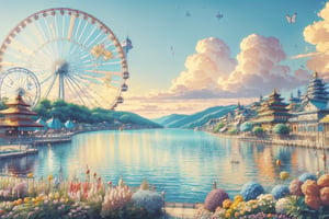 (1girl :1.5), front shot, adorable, (ultra detailed, ultra highres), (masterpiece, top quality, best quality, official art :1.4), (high quality:1.3), cinematic, wide shot, (muted colors, dim colors), A whimsical cityscape under a bright blue sky with fluffy clouds and butterflies. The city features traditional wooden buildings and a fantastical structure that combines a castle, a pagoda, (and a Ferris wheel). The colors are vibrant and detailed. 4k, Ghiblism2-Ghibli, GhiblismDetailed2, Ghiblismkw2 extremely detailed CG, photorealistic,Anitoon2,Pastel color,flower,DonMSn0wM4g1c,xewx