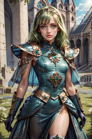 score_9, score_8_up, score_8, masterpiece, official art, ((ultra detailed)), (ultra quality), high quality, perfect face, 1 girl with long hair, blond-green hair with bangs, bronze eyes, detailed face, wearing a fancy ornate (((folk dress))), shoulder armor, armor, glove, hairband, hair accessories, striped, (holding the great weapon :1.4), jewelery, thighhighs, pauldrons, side slit, capelet, vertical stripes, looking at viewer, fantastical and ethereal scenery, daytime, church, grass, flowers. Intricate details, extremely detailed, incredible details, full colored, complex details, hyper maximalist, detailed decoration, detailed lines, best quality, HDR, dynamic lighting, perfect anatomy, realistic, more detail, Architecture, full juicy lips, perfect green eyes, (soft cute face)