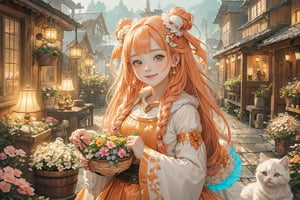 (best quality, ultra-detailed, cute animals,vivid colors,soft lighting,digital illustration,fluffy fur,playful expressions,adorable poses,dreamy atmosphere, colorful surroundings), (hime cut:1.5), digital art, child, cute cat, 16K, cool wallpaper, bun hair, things, jasmine, pillows, clutter, toy, basket, long hair, wood, pot, can copper, garden yard, circle face, smile, sharp focus, HDR, Add more details