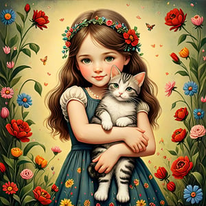 Whimsical folk art picture of a (little sweet girl) and (cat) hugging each other.
,Perfect skin,no