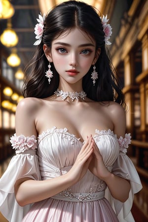 ultra detailed,  (masterpiece,  top quality,  best quality,  official art, perfect face:1.2),  UHD,(cinematic, azure and light pink:0.85), 32K, (Beautifully Detailed Face and Fingers), (Five Fingers) Each Hand,  (muted colors,  dim colors), vanilla dress, young beautiful girl, dynamic posing, old Library, magic, potions shop, art, 1girl, Haute_Couture,AoiDef,