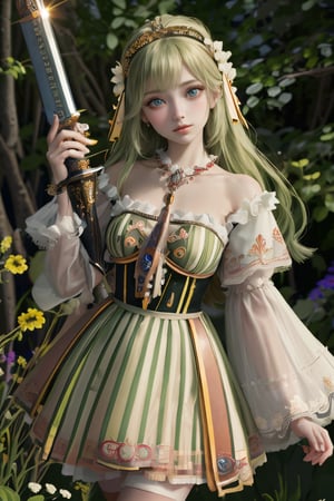 (masterpiece), (absurdres:1.3), (ultra detailed), HDR, UHD, 16K, ray tracing, vibrant eyes, perfect face, award winning photo, 1 girl with long hair, blond-green hair with bangs, bronze eyes, detailed face, wearing a fancy ornate (((folk dress))), shoulder armor, armor, glove, hairband, hair accessories, striped, (holding the great weapon:1.7), jewelery, thighhighs, pauldrons, side slit, capelet, vertical stripes, looking at viewer, fantastical and ethereal scenery, daytime, church, grass, flowers. Intricate details, extremely detailed, incredible details, full colored, complex details, hyper maximalist, detailed decoration, detailed lines, best quality, dynamic lighting, perfect anatomy, realistic, more detail, ,Architect, shiny skin, (shy blush:1.1), (dynamic action pose:1.3) ,slightly smile, lens flare, photo quality, big dream eyes, ((perfect eyes, perfect fingers)) ,kawaii, (Sharp focus realistic illustration:1.2), holding stuff, ,candystyle,philia