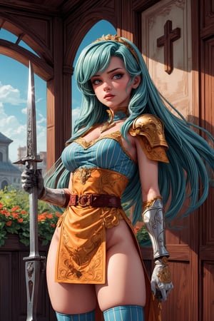 masterpiece, official art, ((ultra detailed)), (ultra quality), high quality, perfect face, 1 girl with long hair, blond-green hair with bangs, bronze eyes, detailed face, wearing a fancy ornate (((folk dress))), shoulder armor, armor, glove, hairband, hair accessories, striped, (holding the great weapon:1.7), jewelery, thighhighs, pauldrons, side slit, capelet, vertical stripes, looking at viewer, fantastical and ethereal scenery, daytime, church, grass, flowers. Intricate details, extremely detailed, incredible details, full colored, complex details, hyper maximalist, detailed decoration, detailed lines, best quality, HDR, dynamic lighting, perfect anatomy, realistic, more detail, Architect,Yumika_animahjong_x