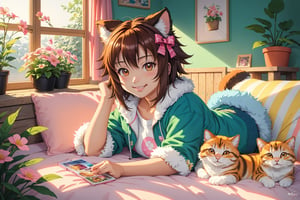 (best quality,ultra-detailed,cute animals,vivid colors,soft lighting,digital illustration,fluffy fur,playful expressions,adorable poses,dreamy atmosphere,colorful surroundings), (art by Makoto :1.5), digital art, child, cute cat, 16K, cool wallpaper, things, jasmine, pillows, clutter, toy, basket, wood, pot, can copper, garden yard, circle face, smile, sharp focus, HDR,Cosplay,onitsuka_natsumi_lovelivesuperstar,Add more details