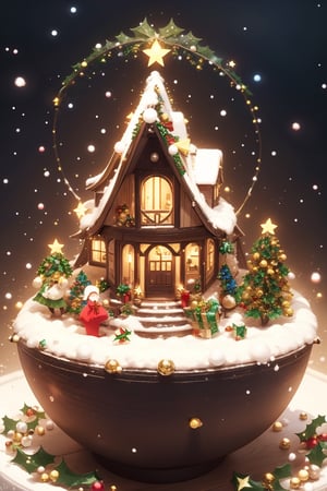 top down shot of a miniature home with garden inside a tea cup, delicate details, vivid scene, lovely style, cute, sweet, soft atmosphere, (perfect Christmas time:1.4), Microlandscape,DonMN30nChr1stGh0sts