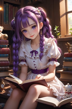 beautiful details, perfect focus,high resolution, exquisite texture in every detail, looking at viewer, blush, smile, bangs, copper eyes, hair ornament, purple hair, hair rings, twin braids, hair ribbon, hair between eyes, 
adorable girl dressed in a (Bisque Doll-like girl outfit: 1.1) The charming ensemble features a frilly collar and cuffs, with delicate lace details, ((1girl 15yo)), (female child, loli:1.3),  ((waist up body of Dilraba Dilmurat)), (Realistic: 1.2), (illustration: 1.2), (perfect eyes:1.3, perfect face:1.3), long eyelashes, perfect lighting, perfect shading, (best quality, masterpieces), (realphoto , photographic, 35mm f2.0:1.4),(Western, old school :1.2), fantasy, (beautiful girl:1.2), (beautiful face:1.2), (Small room, cluttered room, stairs:1.2),(book:1.6), Books are scattered all over the place, colorful dynamic, (sitting_on_stairs:0), sitting, (reading a book, looking at book,looking at another:1.4), expressionless, dutch angle, barefoot, side lighting, dynamic color hair,
(ultra-detailed, vivid colors,soft lighting, digital illustration) expressions, (dreamy atmosphere, colorful surroundings), digital art, 8K, 16K, cool wallpaper, things, jasmine, pillows, clutter, wood toy, sharp focus, HDR, Add more details,perfect fingers,