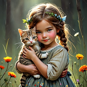 Whimsical folk art picture of a (little sweet girl) and (cat) hugging each other.
,Perfect skin,no