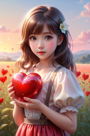 (masterpiece), (absurdres:1.3), (ultra detailed), HDR, UHD, 16K, ray tracing, vibrant eyes, perfect face, award winning photo, A silhouette of a young girl with flowing hair, standing in a field. She holds a red heart-shaped object, possibly a flower, in her hand. The background is framed within a heart shape, with a gradient of colors transitioning from a light beige at the top to a darker hue at the bottom. The overall mood of the image is serene and dreamy, evoking feelings of love and tranquility., painting, conceptual art, illustration shiny skin, (shy blush:1.1), (dynamic action pose:1.3) ,slightly smile, lens flare, photo quality, big dream eyes, ((perfect eyes, perfect fingers)) ,kawaii, (Sharp focus realistic illustration:1.2), adorable,