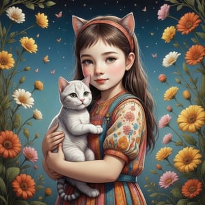 Whimsical folk art picture of a (little sweet girl) and (cat) hugging each other.
,Perfect skin,APEX colourful ,Apoloniasxmasbox,aw0k straightstyle