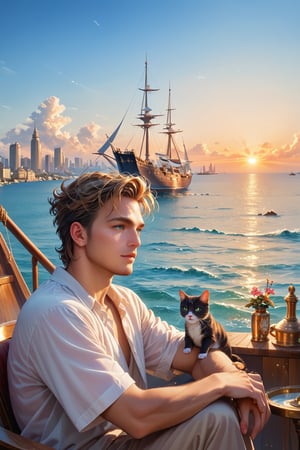 score_9,score_8_up,score_7_up,(ultra detailed, ultra highres), (masterpiece, top quality, best quality, official art :1.4), (high quality:1.3), (1 boy, 1 girl :1.5), Illustration, with a cat, sunrise, city in the background, ship,amazing people