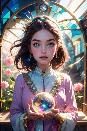 1girl, solo, (masterpiece), (absurdres:1.3), (ultra detailed), HDR, UHD, 16K, ray tracing, vibrant eyes, perfect face, award winning photo, beautiful, shiny skin, (highly detailed), clear face, teenage cute delicate girl, (shy blush:1.1), (high quality, high res, aesthetic:1.1), (dynamic action pose:1.3) ,slightly smile, lens flare, photo quality, big dream eyes, ((perfect eyes, perfect fingers)), iridescent brown hair, vivid color, perfect lighting, perfect shadow, realistic, stunning light, (atmosphere :1.6), nice hands, insane details ,high details ,kawaii, (extra wide shot: 1.8)

(Sharp focus realistic illustration:1.2), a giant glass sphere containing a small ecosystem, surrounded by measurement devices is installed in large-scale factory, a girl Priest stands next to the sphere, divine magic, sacred texts, ceremonial robes, incense, healing spells, blessing rituals, BREAK intricate illustrations, delicate linework, fine details, whimsical patterns, enchanting scenes, dreamy visuals, captivating storytelling, church and stain glass background, messy interior, book, elemental, feature,Alouette_La_Pucelle,emilia (re:zero),flower, ((pink gold style)),Add more details,Ultra details++ 