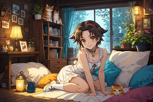 (best quality,ultra-detailed,cute animals,vivid colors,soft lighting,digital illustration,fluffy fur,playful expressions,adorable poses,dreamy atmosphere,colorful surroundings), (art by Makoto :1.5), digital art, child, cute cat, 16K, cool wallpaper, things, jasmine, pillows, clutter, toy, basket, wood, pot, can copper, garden yard, circle face, smile, sharp focus, HDR,Cosplay,onitsuka_natsumi_lovelivesuperstar,Add more details,Anime