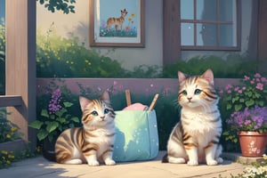 (best quality,ultra-detailed,cute animals,vivid colors,soft lighting,digital illustration,fluffy fur,playful expressions,adorable poses,dreamy atmosphere,colorful surroundings), (art by Makoto :1.5), digital art, child, cute cat, 16K, cool wallpaper, things, jasmine, pillows, clutter, toy, basket, wood, pot, can copper, garden yard, circle face, smile, sharp focus, HDR,Cosplay,onitsuka_natsumi_lovelivesuperstar,Add more details