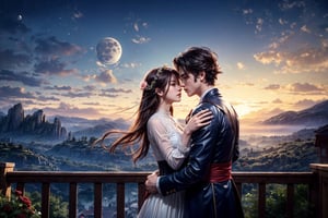 ultra detailed, (masterpiece, top quality, best quality, official art, perfect face:1.2), UHD, cinematic, (muted colors, dim colors), perfect face, perfect eyes, long-lenses photograph, realistic, 8K, 16K, with mountains and valleys, sun and the moon skimpy silhouettes romantically kissing in the sky that is both day wand night , heart, romance, Roses, stunning light, wind is blowing, (1girl shiny long hair:1.4), (1boy short hair style :1.4),photorealistic,masterpiece,(Victorian style1.4),
