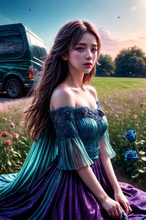 (close-shot photo:1.4) ,falling petals, purple roses, multicolor rose, happiness, (action hearts:1.4), (full field roses :1.4), (blue rose in recreation Vehicle: 1.5), flowers, rose, Nature, colorful, exposure blend, medium shot,  bokeh, high contrast, (muted colors, dim colors,  soothing tones:1.3),  low saturation, Adorable cloth, shiny, luxury red off the shoulder full skirt vintage swing dress, (high quality:1.3), (masterpiece,  best quality:1.4), (ultra detailed, 8K, 4K, ultra highres), sharp focus,  professional dslr photo, (Photorealistic:1.4), UHD, HDR, volumetric fx,  (((intricate details))), extremely detailed CG, cinematic photo,  perfect photography,  professional,  perfect sky, shiny,  glitter,  gradient color all fluentcolor, (professional photograpy:1.1), DonMC3l3st14l3xpl0r3rsXL, Add more detail, 